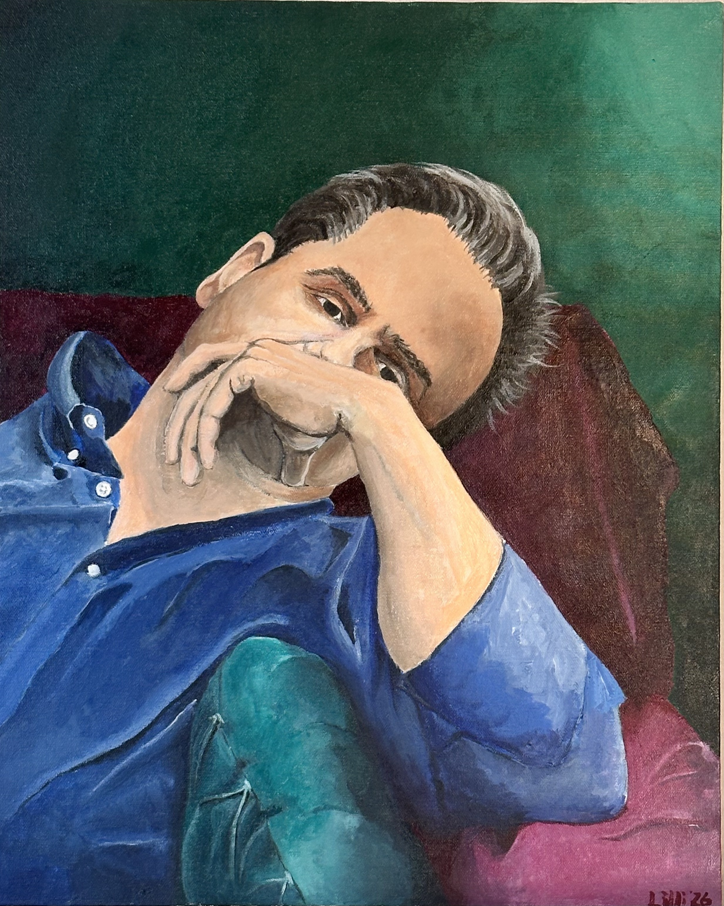 Erin Lilli Johnny in Chair #1, 2026 Acrylic on 16" × 20" stretched canvas A1620CS26PT01